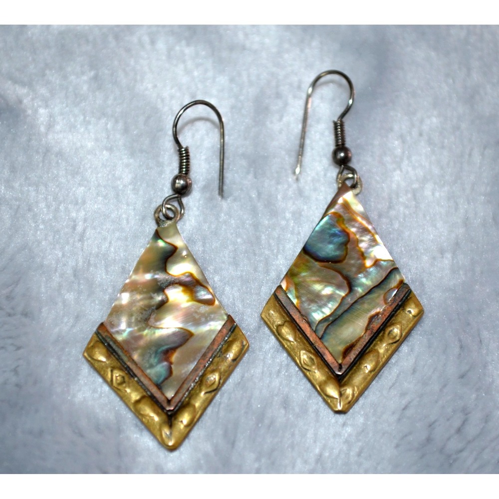 Vtg Silver Tone Pierced Wire Hook Earrings w/ Abalone Triangles 2" Beautiful!